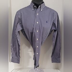 Ralph Lauren Navy Blue & White Stripe Long-sleeve Button-front Size 15 32/33